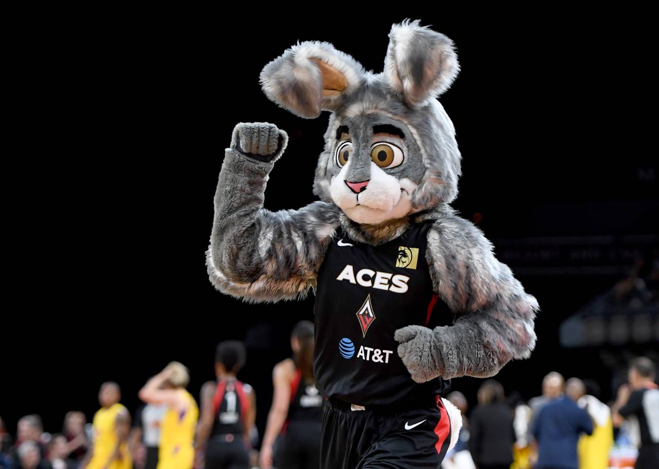LAS VEGAS, NEVADA - MAY 26: Las Vegas Aces mascot BUCKET$ performs during the Aces' game against the Los Angeles Sparks at the Mandalay Bay Events Center on May 26, 2019 in Las Vegas, Nevada. The Aces defeated the Sparks 83-70. NOTE TO USER: User expressly acknowledges and agrees that, by downloading and or using this photograph, User is consenting to the terms and conditions of the Getty Images License Agreement. (Photo by Ethan Miller/Getty Images)