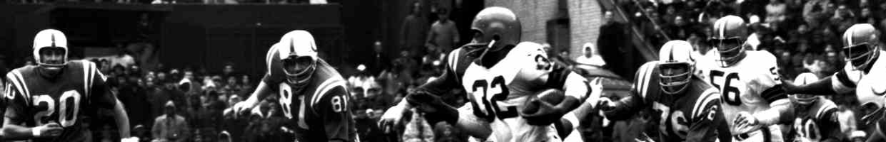 CLEVELAND, OH - DECEMBER 27: Jim Brown #32 of the Cleveland Browns carries the ball as Ordell Braase #81 and Jerry Logan #20 of the Baltimore Colts pursue him during the 1964 NFL Championship game on December 27, 1964 at Cleveland Stadium in Cleveland, Ohio. (Photo by Robert Riger/Getty Images)