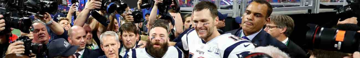 Tom Brady #12 of the New England Patriots and Julian Edelman #11 of the New England Patriots celebrate after Super Bowl LIII at Mercedes-Benz Stadium on February 03, 2019, in Atlanta, Georgia. (Photo by Maddie Meyer/Getty Images)