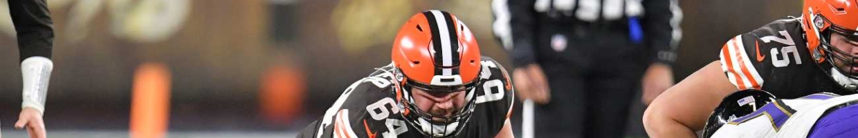 CLEVELAND, OHIO - DECEMBER 14: Center JC Tretter #64 of the Cleveland Browns snaps the ball during the second half against the Baltimore Ravens at FirstEnergy Stadium on December 14, 2020, in Cleveland, Ohio. (Photo by Jason Miller/Getty Images)