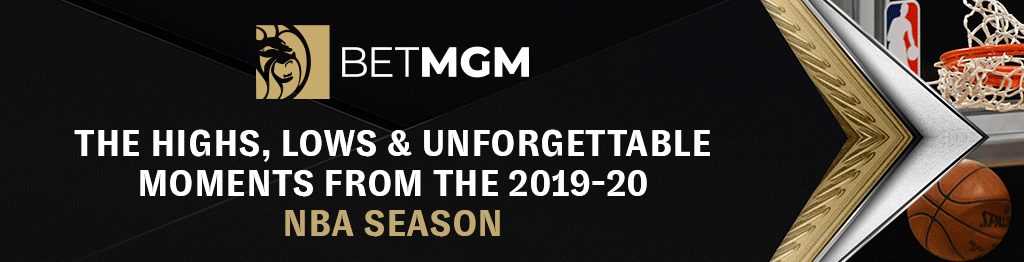 BetMGM logo on a black background next to a basketball net over the title "The highs, lows & unforgettable moments from the 2019-20 NBA season"