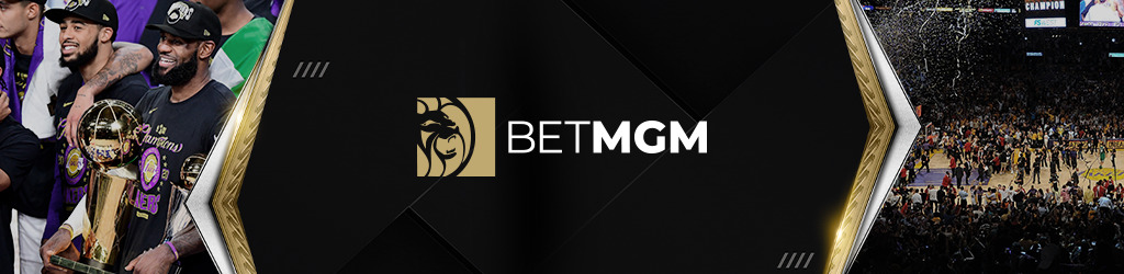 Footer with the BetMGM logo on a black background between a picture of the Lakers with the NBA trophy and a picture of the final game