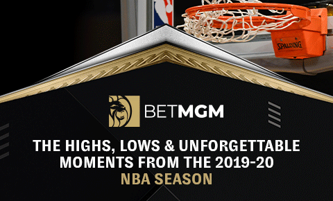 BetMGM logo on a black background next to a basketball net over the title "The highs, lows & unforgettable moments from the 2019-20 NBA season"