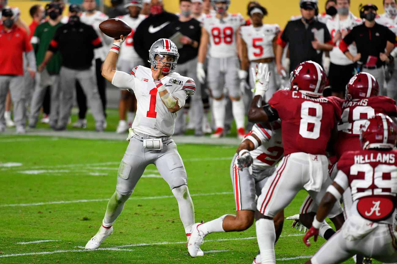 Justin Fields #1 of the Ohio State Buckeyes throws the ball during the College Football Playoff National Championship football game against the Alabama Crimson Tide at Hard Rock Stadium on January 11, 2021, in Miami Gardens, Florida. The Alabama Crimson Tide defeated the Ohio State Buckeyes 52-24. (Photo by Alika Jenner/Getty Images)