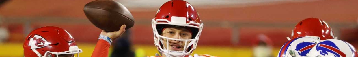 KANSAS CITY, MISSOURI - JANUARY 24: Patrick Mahomes #15 of the Kansas City Chiefs throws a pass in the first half against the Buffalo Bills during the AFC Championship game at Arrowhead Stadium on January 24, 2021 in Kansas City, Missouri. (Photo by Jamie Squire/Getty Images)