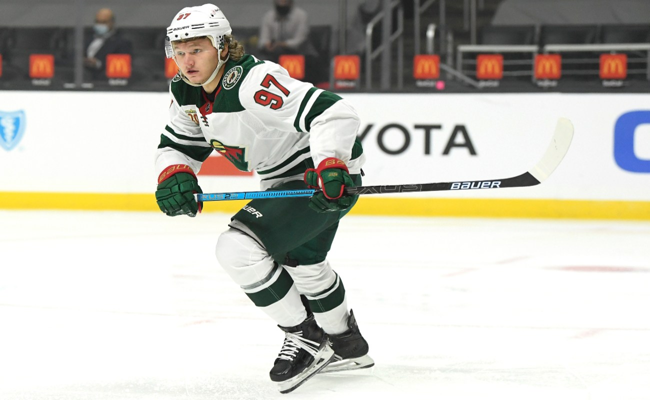JANUARY 16: Kirill Kaprizov #97 of the Minnesota Wild skates after the play during a 4-3 overtime win over the Los Angeles Kings at Staples Center on January 16, 2021 in Los Angeles, California. (Photo by Harry How/Getty Images)