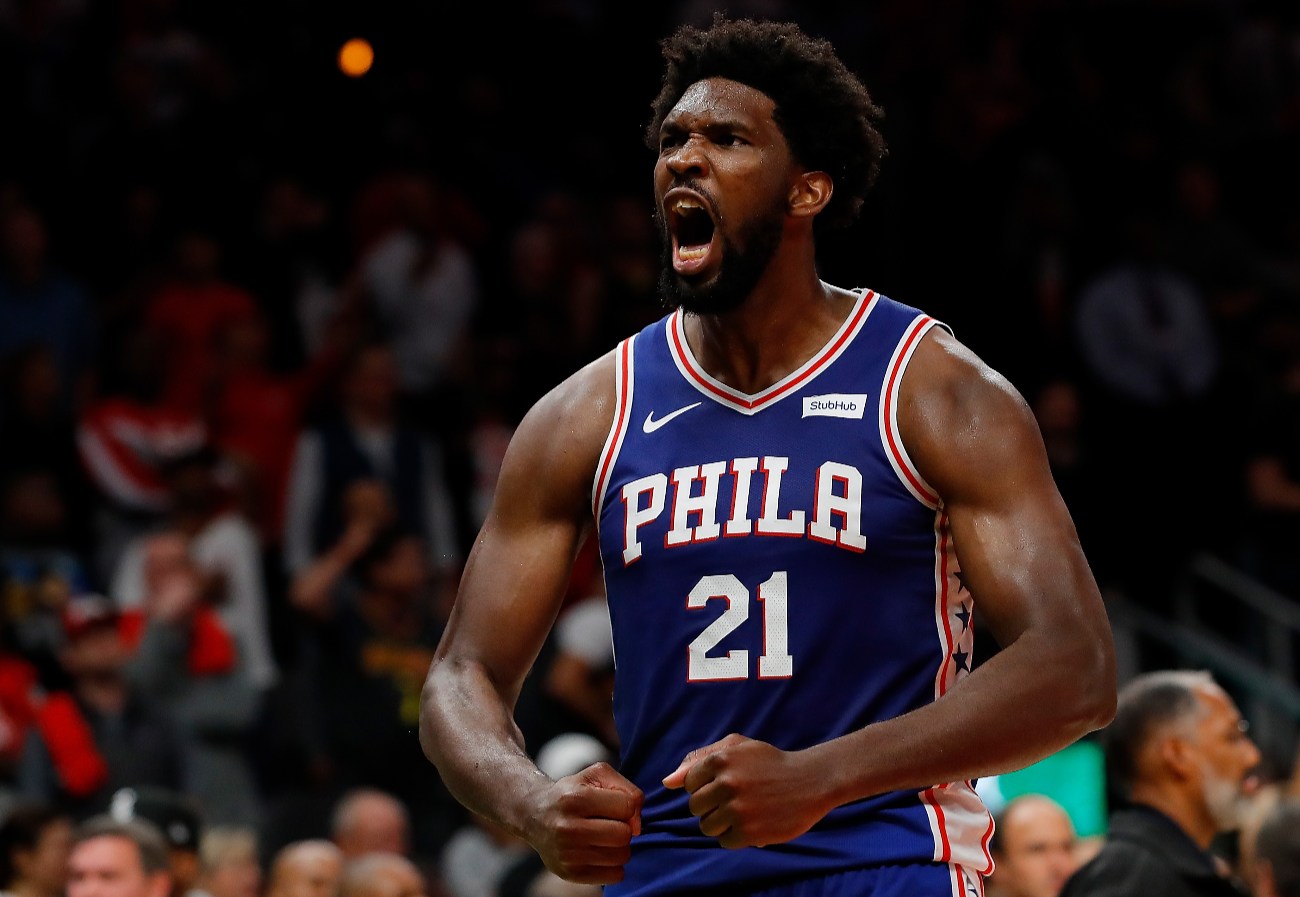 Joel Embiid #21 of the Philadelphia 76ers reacts after their 105-103 win over the Atlanta Hawks at State Farm Arena on October 28, 2019 in Atlanta, Georgia. NOTE TO USER: User expressly acknowledges and agrees that, by downloading and/or using this photograph, user is consenting to the terms and conditions of the Getty Images License Agreement. (Photo by Kevin C. Cox/Getty Images)