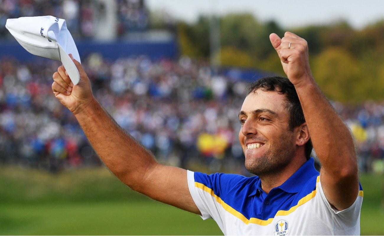 Francesco Molinari of Europe celebrates winning The Ryder Cup during singles matches of the 2018 Ryder Cup at Le Golf National on September 30, 2018 in Paris, France. (Photo by Stuart Franklin/Getty Images)