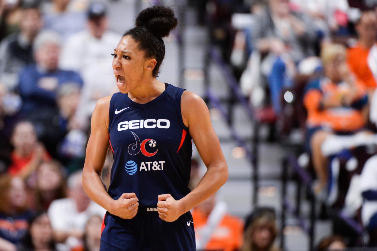 UNCASVILLE, CT - OCTOBER 6: Aerial Powers #23 of the Washington Mystics reacts during action against the Connecticut Sun in the third quarter of Game 3 of the WNBA Finals at Mohegan Sun Arena on October 6, 2019 in Uncasville, Connecticut. (Photo by Kathryn Riley/Getty Images)