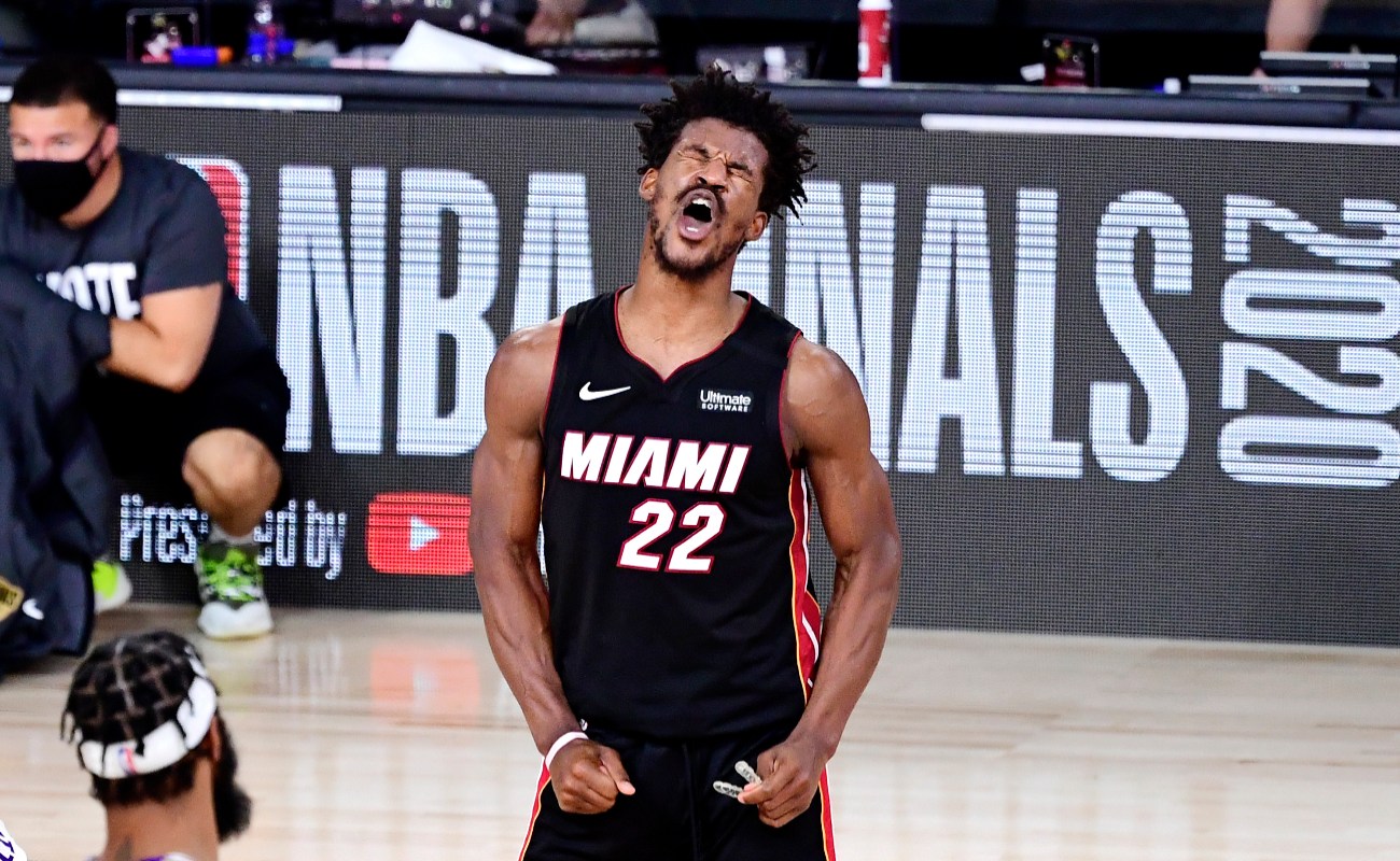 Jimmy Butler #22 of the Miami Heat reacts during the second half against the Los Angeles Lakers in Game Three of the 2020 NBA Finals at AdventHealth Arena at ESPN Wide World Of Sports Complex on October 04, 2020 in Lake Buena Vista, Florida. (Photo by Douglas P. DeFelice/Getty Images)