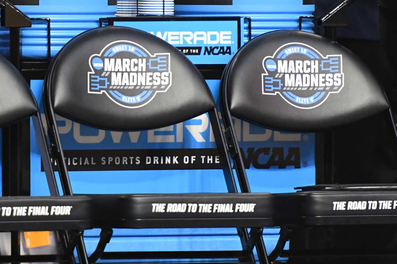 BOSTON, MA - MARCH 23: NCAA logos on chairs before the 2018 NCAA Men's Basketball Tournament East Regional between the Villanova Wildcats and the West Virginia Mountaineers at TD Garden on March 23, 2018 in Boston, Massachusetts. The Wildcats won 71-59. Photo by Mitchell Layton/Getty Images) 
