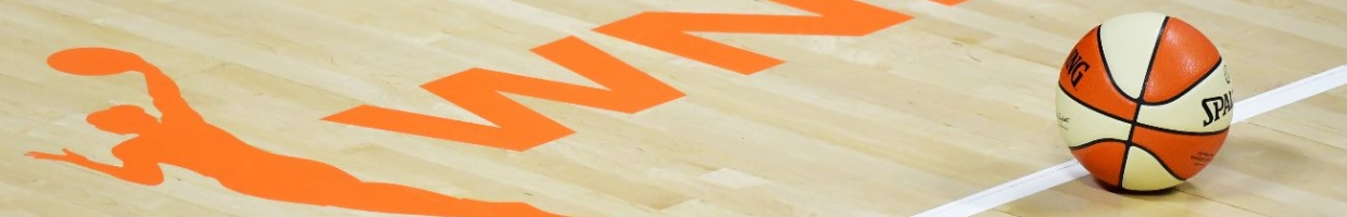 PALMETTO, FLORIDA - AUGUST 29: A basketball sits near the WNBA logo during a timeout of a game between the Las Vegas Aces and the New York Liberty at Feld Entertainment Center on August 29, 2020 in Palmetto, Florida. (Photo by Julio Aguilar/Getty Images)