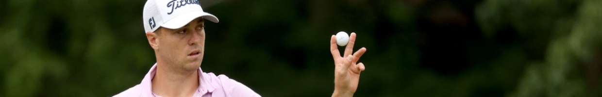 JULY 12: Justin Thomas of the United States reacts on the eighth green during the final round of the Workday Charity Open on July 12, 2020 at Muirfield Village Golf Club in Dublin, Ohio.