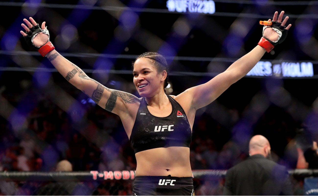 Amanda Nunes of Brazil reacts after defeating Holly Holm of the United States during their UFC Women’s Bantamweight Title bout at T-Mobile Arena on July 06, 2019 in Las Vegas, Nevada. (Photo by Sean M. Haffey/Getty Images)