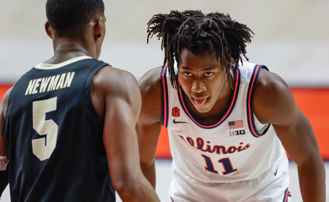 CHAMPAIGN, IL - JANUARY 02: Ayo Dosunmu #11 of the Illinois Fighting Illini stares down Brandon Newman #5 of the Purdue Boilermakers at State Farm Center on January 2, 2021 in Champaign, Illinois. (Photo by Michael Hickey/Getty Images)