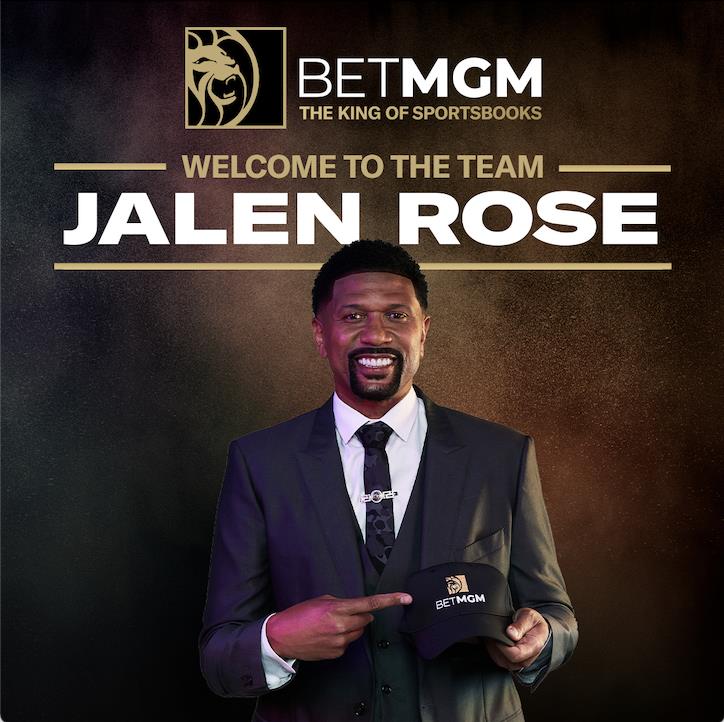Jalen Rose holding a BetMGM cap on a dark background with th eBetMGM logo on top and the words" Welcome to the team, Jalen Rose"