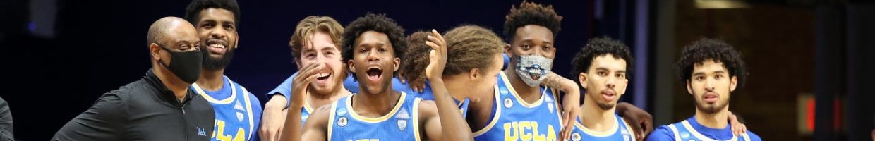 David Singleton #34 and the UCLA Bruins react in the final moments of their 73-62 win over the Brigham Young Cougars in the first round game of the 2021 NCAA Men's Basketball Tournament at Hinkle Fieldhouse on March 20, 2021 in Indianapolis, Indiana. (Photo by Andy Lyons/Getty Images)