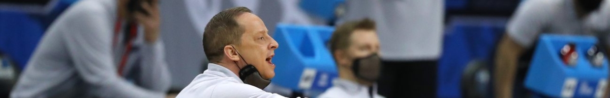 Head coach Paul Mills of the Oral Roberts Golden Eagles reacts in the first half against the Florida Gators in the second round game of the 2021 NCAA Men's Basketball Tournament at Indiana Farmers Coliseum on March 21, 2021, in Indianapolis, Indiana. (Photo by Maddie Meyer/Getty Images)