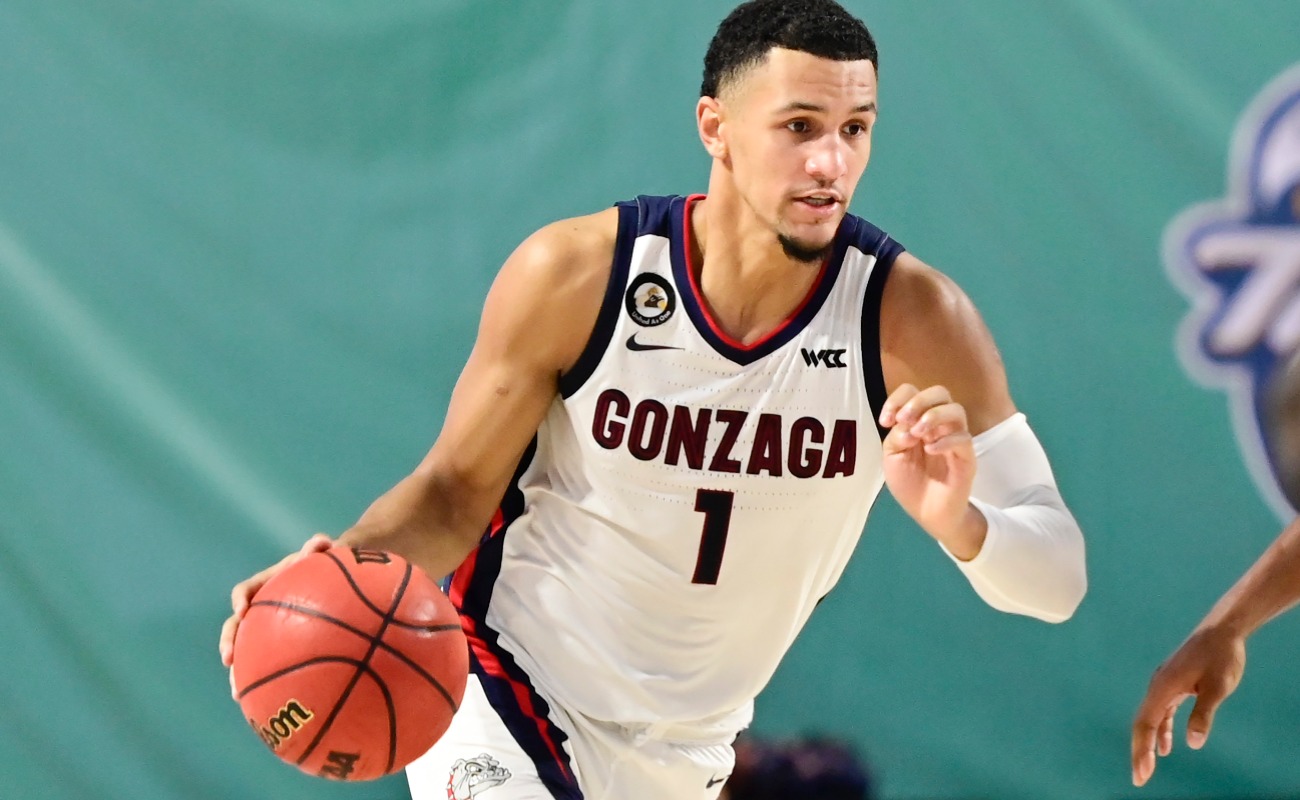 Jalen Suggs #1 of the Gonzaga Bulldogs dribbles the ball during the second half against the Auburn Tigers during the Rocket Mortgage Fort Myers Tip-Off at Suncoast Credit Union Arena on November 27, 2020 in Fort Myers, Florida.