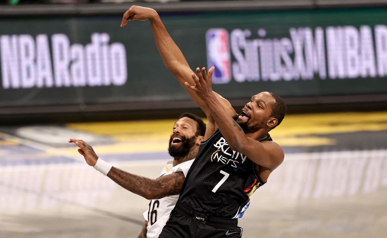 Kevin Durant #7 of the Brooklyn Nets reacts after James Johnson #16 of the New Orleans Pelicans is called for a foul giving Durant three shots at the line in the second quarter at Barclays Center on April 07, 2021 in New York City.