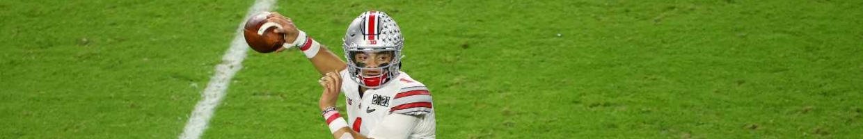 MIAMI GARDENS, FL - JANUARY 11: Justin Fields #1 of the Ohio State Buckeyes drops back to pass against the Alabama Crimson Tide during the College Football Playoff National Championship held at Hard Rock Stadium on January 11, 2021 in Miami Gardens, Florida. (Photo by Jamie Schwaberow/Getty Images)