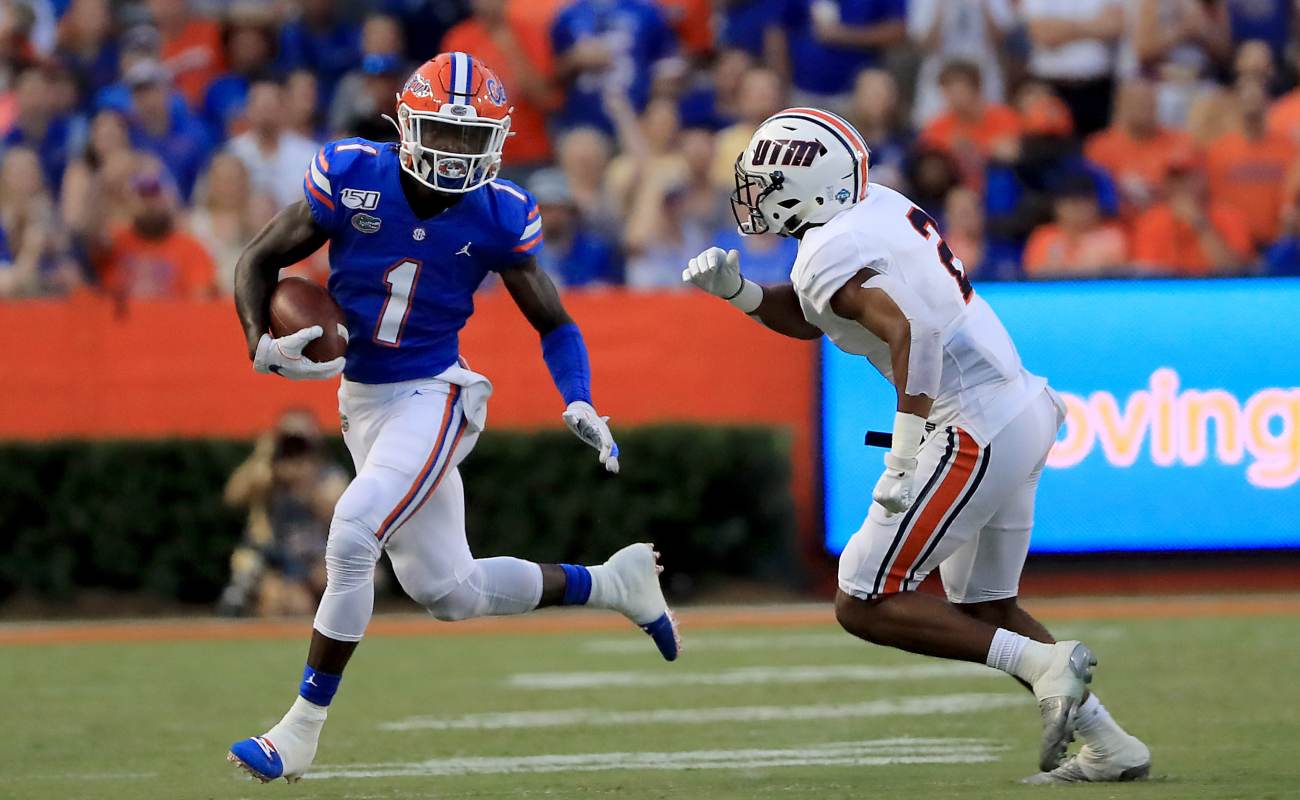 GAINESVILLE, FLORIDA - SEPTEMBER 07: Kadarius Toney #1 of the Florida Gators runs for yardage during the game against the Tennessee Martin Skyhawks at Ben Hill Griffin Stadium on September 07, 2019 in Gainesville, Florida. (Photo by Sam Greenwood/Getty Images)