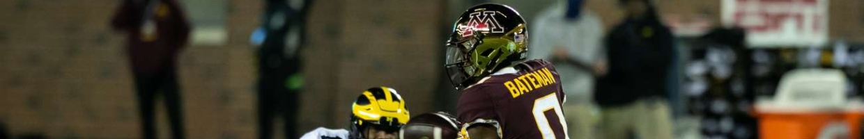 MINNEAPOLIS, MINNESOTA - OCTOBER 24: Rashod Bateman #0 of the Minnesota Golden Gophers catches a pass against Josh Ross #12 of the Michigan Wolverines in the first quarter of the game at TCF Bank Stadium on October 24, 2020 in Minneapolis, Minnesota. (Photo by David Berding/Getty Images)