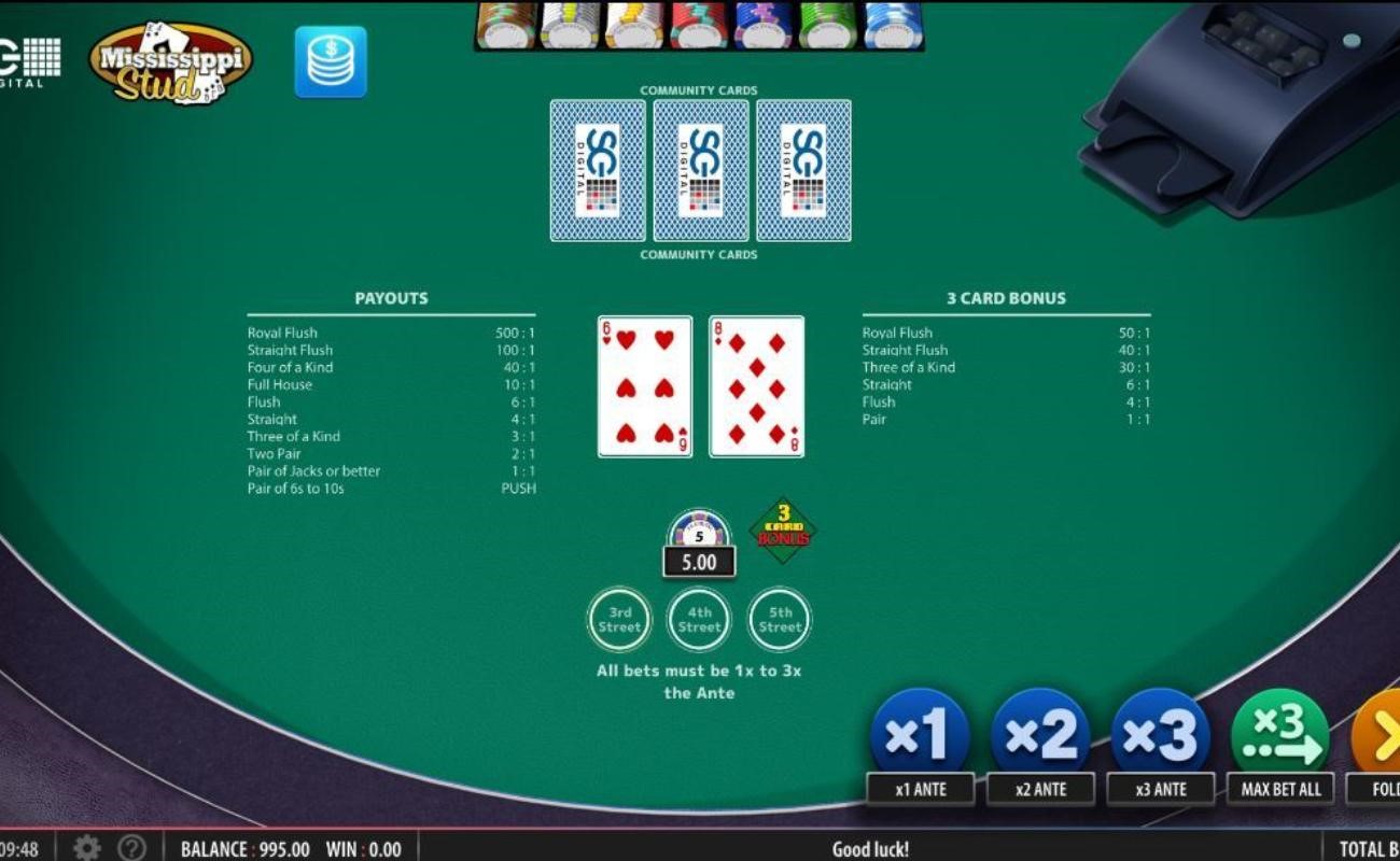 Mississippi Stud online casino game by SG Digital.