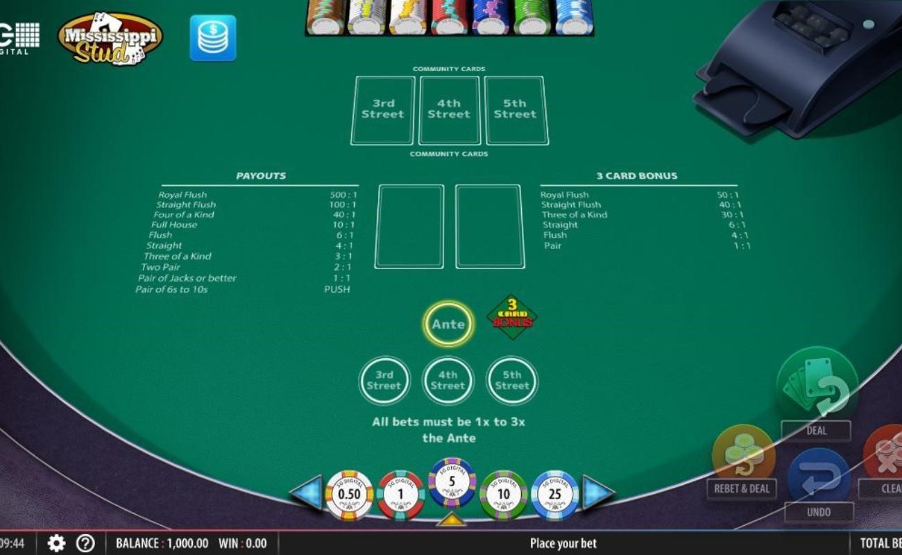 Mississippi Stud online casino game by SG Digital.