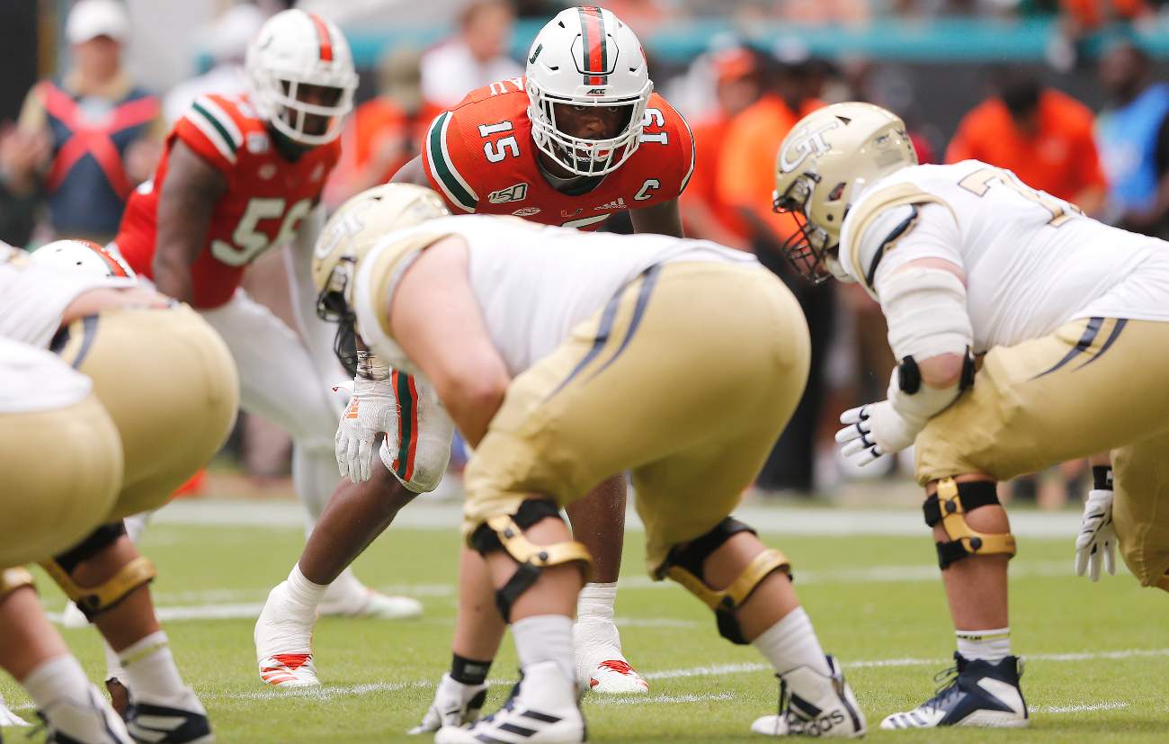 MIAMI, FLORIDA - OCTOBER 19: Gregory Rousseau #15 of the Miami Hurricanes in action against the Georgia Tech Yellow Jackets during the second half at Hard Rock Stadium on October 19, 2019 in Miami, Florida. (Photo by Michael Reaves/Getty Images)