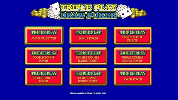 Screenshot of the game selection screen in Triple Play Draw Poker, an online casino game by IGT.