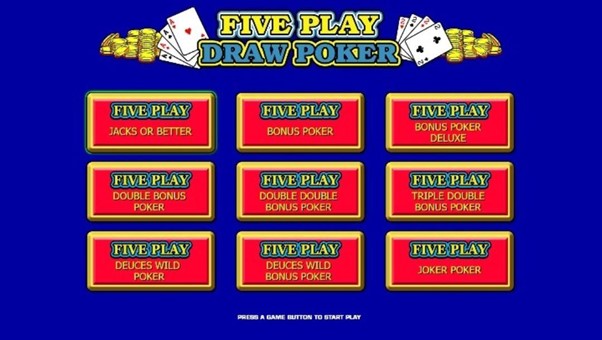 Screenshot of the game-selection screen in Five Play Draw Poker, an online casino game by IGT.