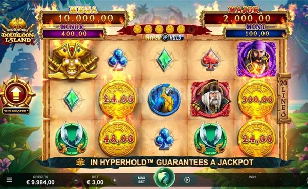 Screenshot of the reels in the Adventures of Doubloon Island online slot by DGC.