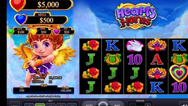 Screenshot of the reels in the Hearts & Horns online slot by AGS.