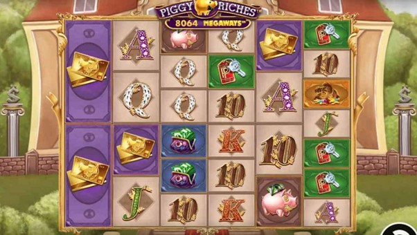 Screenshot of the reels in the Piggy Riches Megaways online slot by Red Tiger.