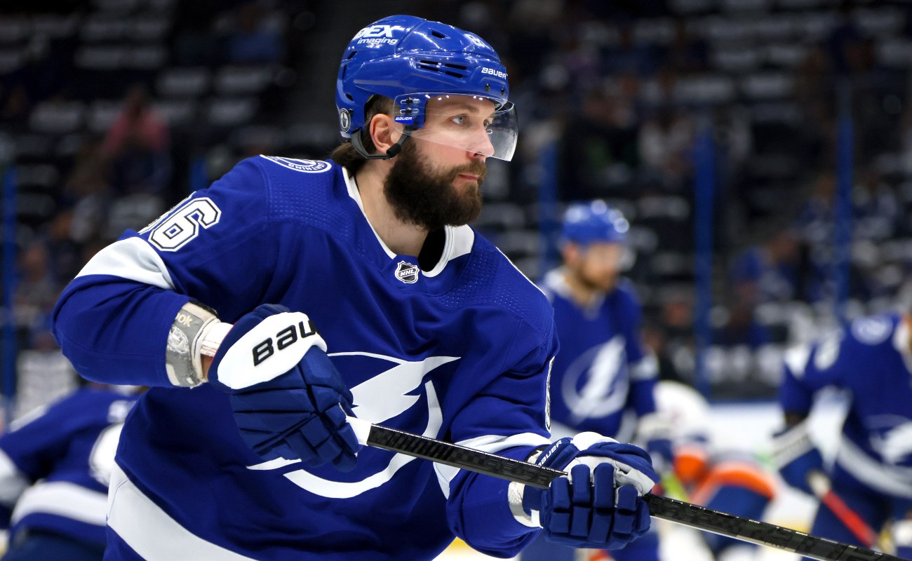 Nikita Kucherov #86 of the Tampa Bay Lightning warms up prior to Game One of the Stanley Cup Semifinals against the New York Islanders during the 2021 Stanley Cup Playoffs at Amalie Arena on June 13, 2021 in Tampa, Florida. (Photo by Bruce Bennett/Getty Images)