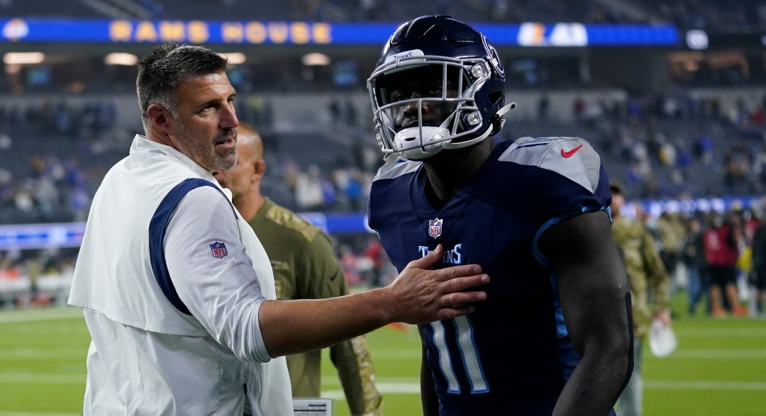 Tennessee Titans head coach Mike Vrabel, left, greets wide receiver A.J. Brown after an NFL football game against the Los Angeles Rams Sunday, Nov. 7, 2021, in Inglewood, Calif. (AP Photo/Ashley Landis)