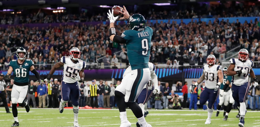 Philadelphia Eagles' Nick Foles catches a touchdown pass during the first half of the NFL Super Bowl 52 football game against the New England Patriots on Feb. 4, 2018, in Minneapolis. (AP Photo/Jeff Roberson)
