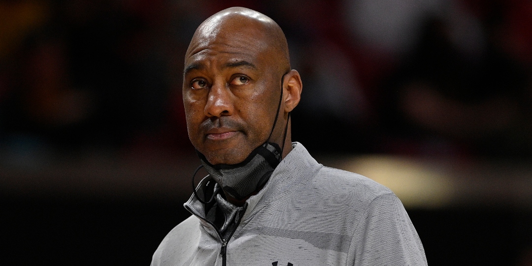Maryland interim head coach Danny Manning looks on during the first half of an NCAA college basketball game against Iowa, Thursday, Feb. 10, 2022, in College Park, Md. (AP Photo/Nick Wass)
