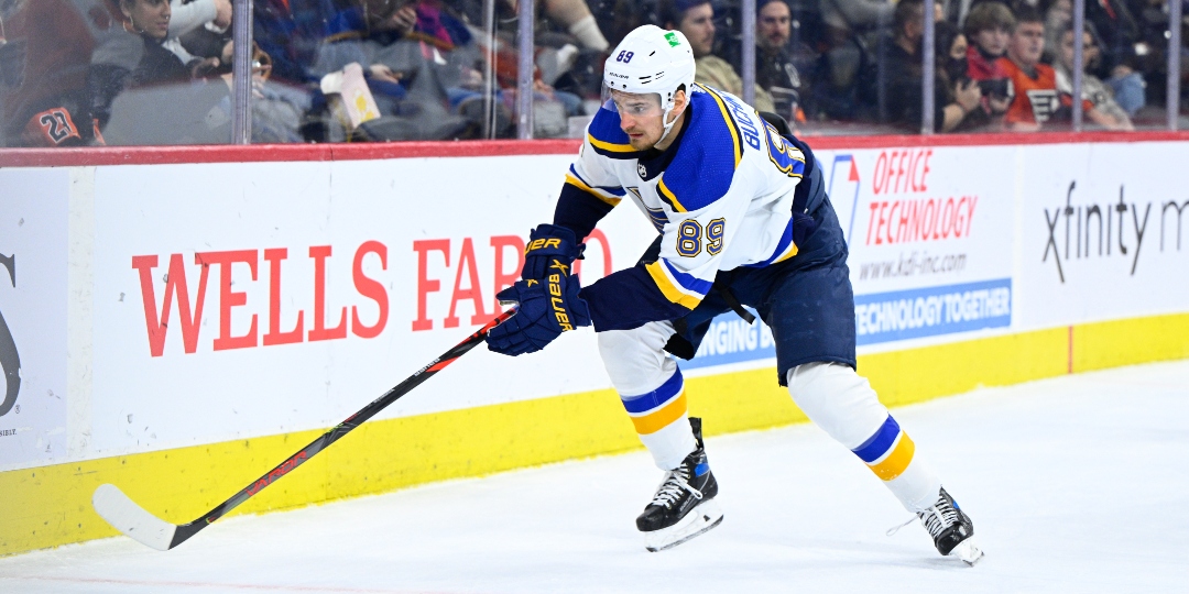 St. Louis Blues' Pavel Buchnevich in action during an NHL hockey game against the Philadelphia Flyers Tuesday, Feb. 22, 2022, in Philadelphia. (AP Photo/Derik Hamilton)